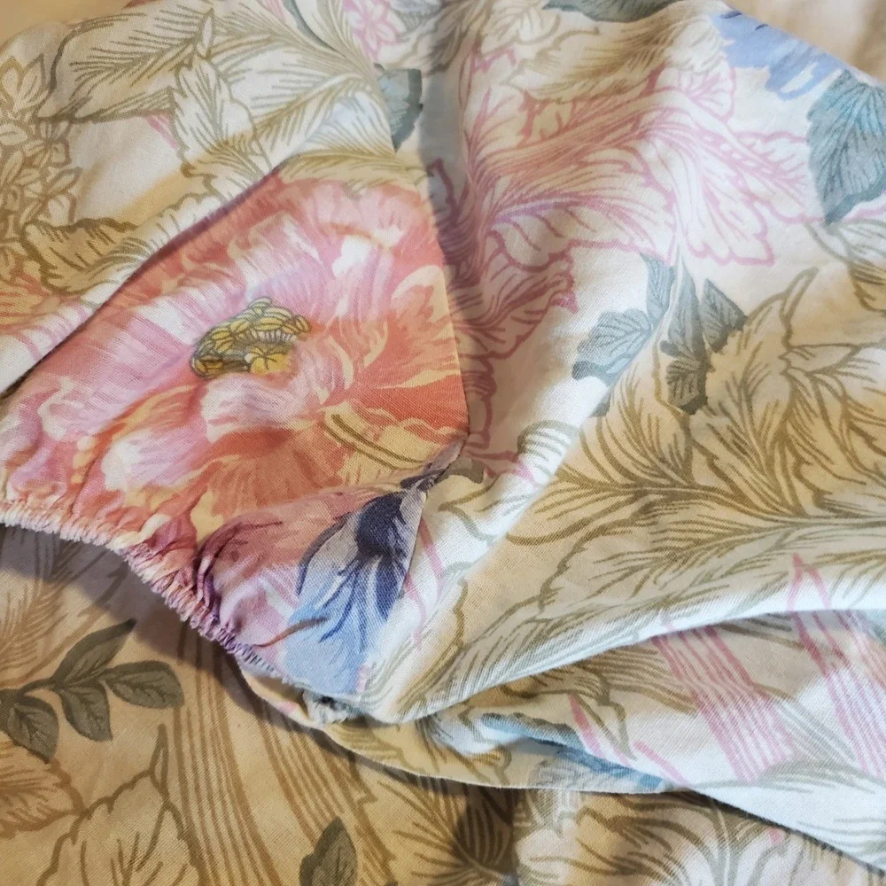 Vintage Cannon King Fitted Sheet Pink Purple Floral Botanical Cotton Blend USA